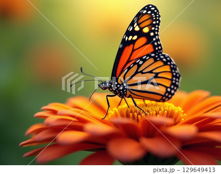 Close up Macro Monarch Butterfly Resting On An Orange Flower Image 129649413