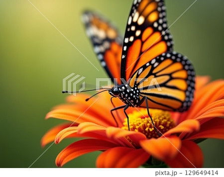 Close-up Detail of a Monarch Butterfly on an Orange Flower in Garden 129649414