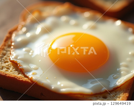 Close Up Delicious Fried Egg on Toast for Breakfast Meal 129649419