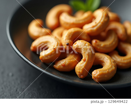 Close-up Delicious Roasted Cashew Nut Snack on Dark Gray Plate Food 129649422