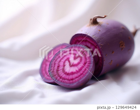 Elegant Close-up of Sliced Purple Beetroot on White Fabric 129649424