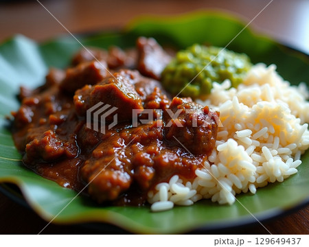 Delicious Meat Curry Dish with Rice Served on Green Leaf 129649437