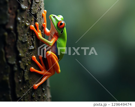 Close Up Green Tree Frog Climbing on Tree Trunk Wildlife 129649474