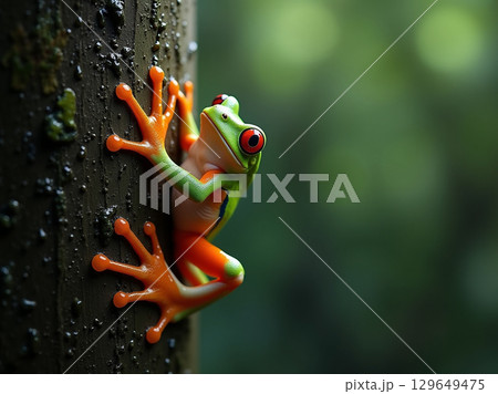 Bright Detailed Red Eyed Tree Frog Climbing on Tree Trunk Bright Detailed Red Eyed Tree Frog Climbing on Tree Trunk 129649475