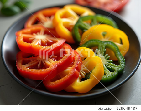 Fresh Colorful Sliced Bell Pepper Rings in a Dark Plate Food Fresh Colorful Sliced Bell Pepper Rings in a Dark Plate Food 129649487