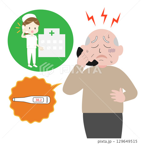 体調不良で病院に電話するシニア男性 129649515
