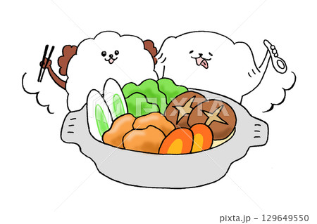 鍋を囲む犬たち 129649550