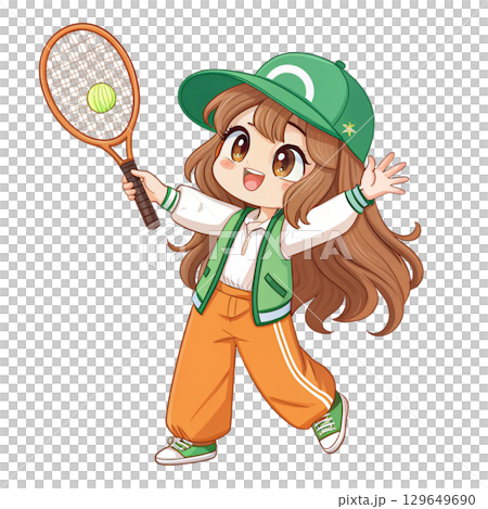Cute anime chibi girl with long wavy brown hair holding a tennis racket 129649690