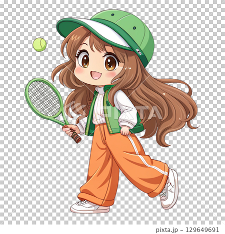 Cute anime chibi girl with long wavy brown hair holding a tennis racket Cute anime chibi girl with long wavy brown hair holding a tennis racket 129649691