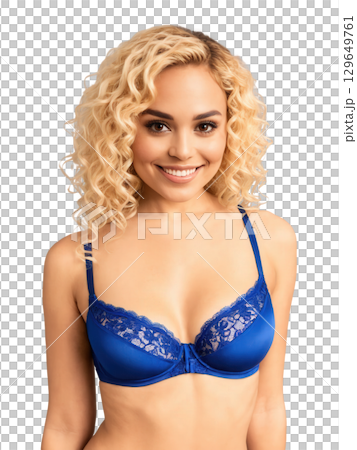 Native American lingerie model with curly golden blonde hair, brown eyes, slim body type, wearing a seamless lace bra 129649761