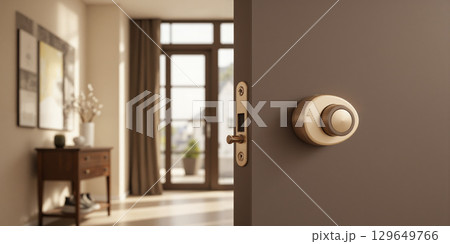 A contemporary smart lock featuring mocha mousse housing with a brushed gold rotary mechanism. The lock is mounted on a 129649766