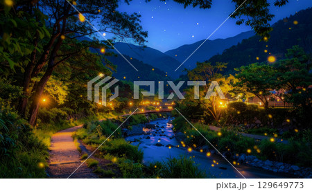 蛍の光と川と豊かな自然 129649773
