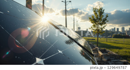 Quantum Light Harvest Specialized photography of photovoltaic surfaces creating abstract geometric patterns in trending solarpunk aesthetic without contextual landscape. Macro 129649787