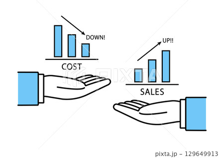 コストダウンとセールスアップの棒グラフを掲げるビジネスマンの手のイラスト 129649913