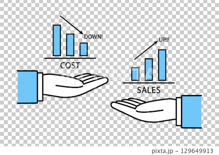 コストダウンとセールスアップの棒グラフを掲げるビジネスマンの手のイラスト 129649913