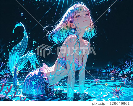 青い海に浮かぶ人魚の少女 129649961