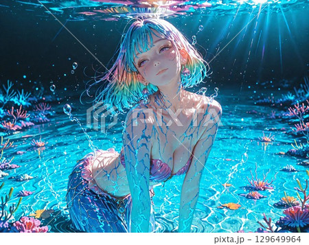 青い海に浮かぶ人魚の少女 青い海に浮かぶ人魚の少女 129649964
