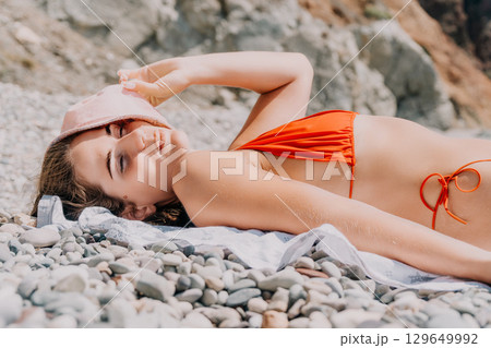 Woman Beach Sunbathing Towel Relaxation 129649992