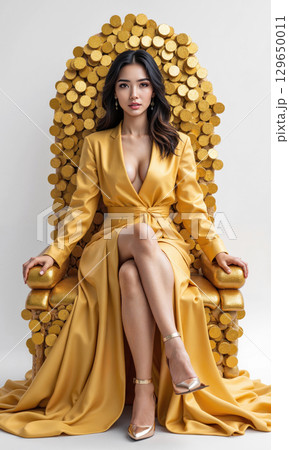 A female CEO in soft gold, seated on a throne built from customer feedback cards and award plaques, representing leadership 129650011