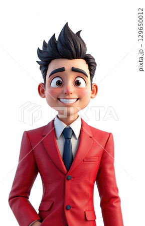 A dynamic male leader in rich red, surrounded by abstract technology and market trend symbols, symbolizing his mastery in leading 129650012