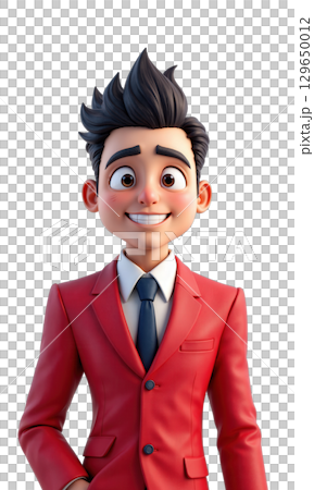 A dynamic male leader in rich red, surrounded by abstract technology and market trend symbols, symbolizing his mastery in leading 129650012