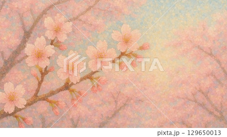 点描の柔らかな彩りで描かれた春霞の桜 129650013