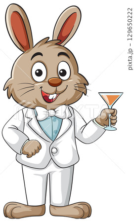 Cartoon Bunny in White Suit Holding Cocktail Glass 129650222