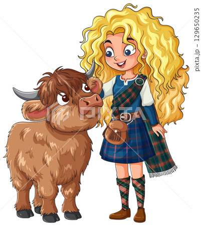 Scottish Girl Petting Highland Cow Cartoon Illustration 129650235