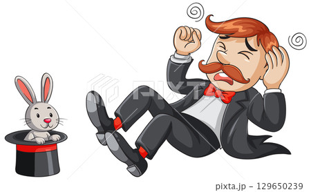 Magician Falling Backward as Rabbit Emerges from Hat 129650239