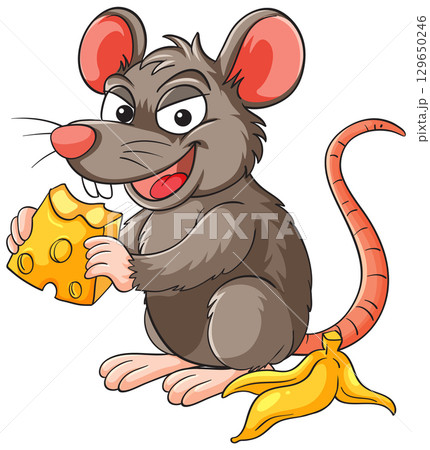 Cartoon Rat Eating Cheese Beside Banana Peel 129650246