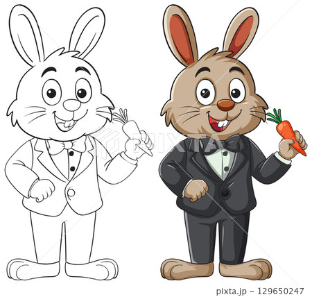 Cartoon Bunny in Tuxedo Holding Carrot Vector 129650247