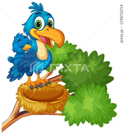 Blue Cartoon Birds in Nest on Tree Branch 129650254