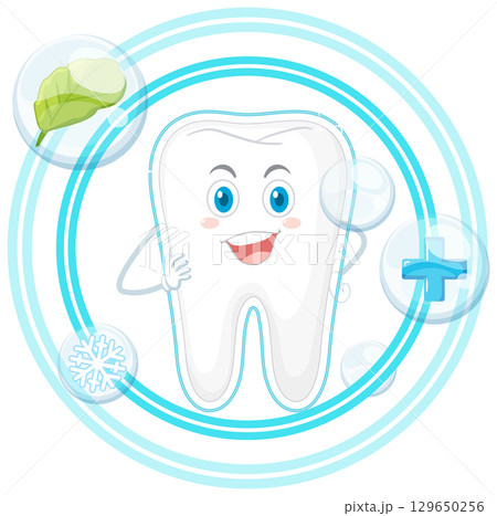 Smiling Cartoon Tooth Surrounded by Health Symbols 129650256