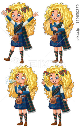 Curly-Haired Girl in Tartan Dress Expressing Emotions 129650279