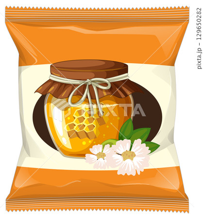 Honey Jar and Flowers on Snack Packaging Vector 129650282