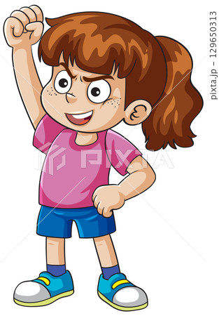 Confident Cartoon Girl Raising Fist in Victory Confident Cartoon Girl Raising Fist in Victory 129650313