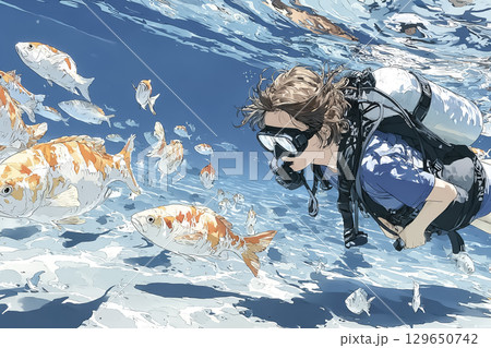 美優シリーズ:浅瀬で魚と一緒に泳ぐ女性ダイバー 美優シリーズ:浅瀬で魚と一緒に泳ぐ女性ダイバー 129650742