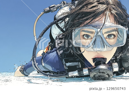 美優シリーズ：海底で休憩する女性ダイバー　正面 129650743