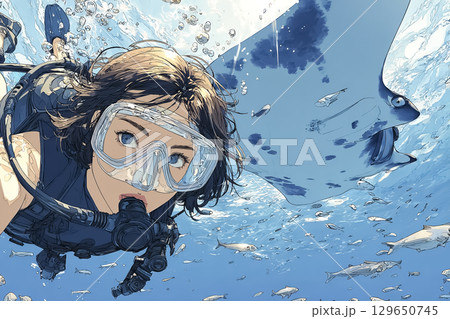 美優シリーズ：マンタと一緒に泳ぐ女性ダイバー 129650745