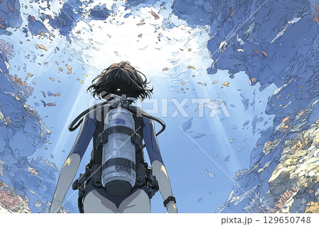 美優シリーズ:海面を見上げる女性ダイバー 美優シリーズ:海面を見上げる女性ダイバー 129650748