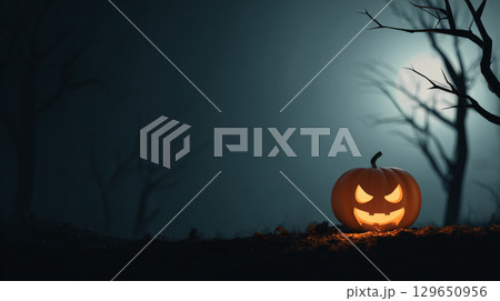 Minimalist Halloween Night Scene with Scary Pumpkin Silhouette. Generative AI 129650956