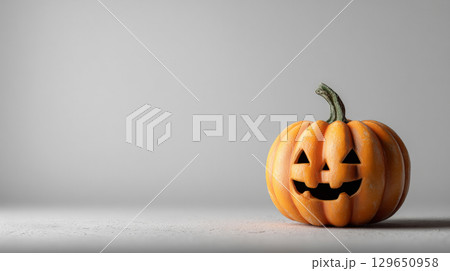Minimalist Halloween Scene with Scary Pumpkin on White Background. Generative AI 129650958
