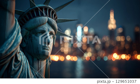 Close-Up Night View of Statue of Liberty with New York City Skyline. Generative AI 129651037