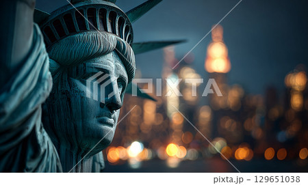 Close-Up Night View of Statue of Liberty with New York City Skyline. Generative AI Close-Up Night View of Statue of Liberty with New York City Skyline. Generative AI 129651038