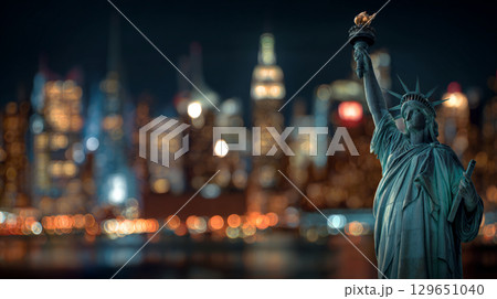 Close-Up Night View of Statue of Liberty with New York City Skyline. Generative AI 129651040