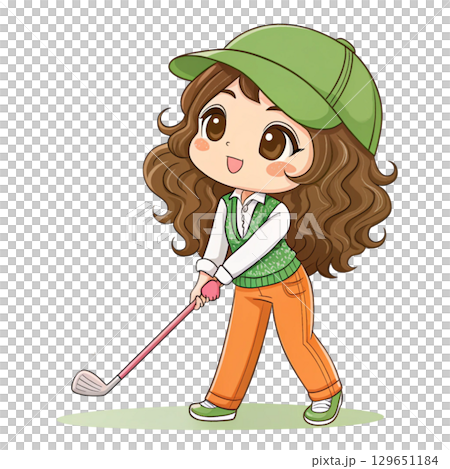 Cute anime chibi girl with long wavy brown hair holding a golf club 129651184