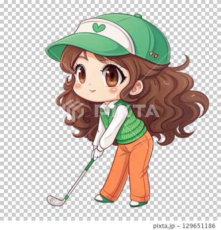 Cute anime chibi girl with long wavy brown hair holding a golf club 129651186
