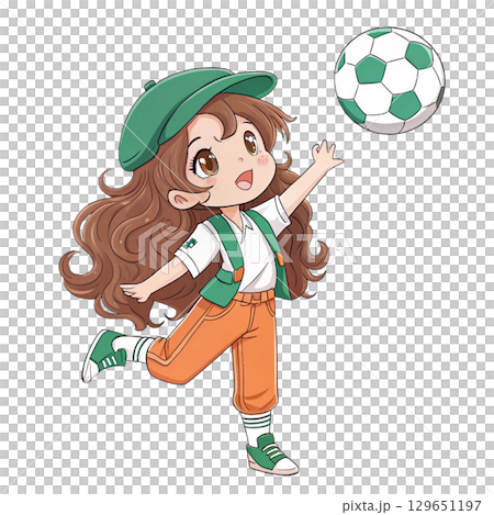Cute anime chibi girl with long wavy brown hair holding a soccer ball 129651197