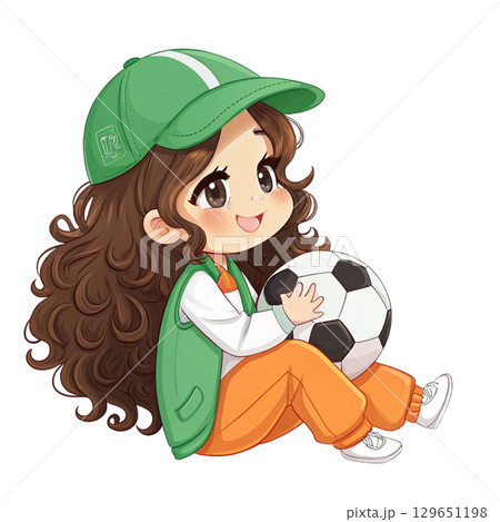Cute anime chibi girl with long wavy brown hair holding a soccer ball 129651198