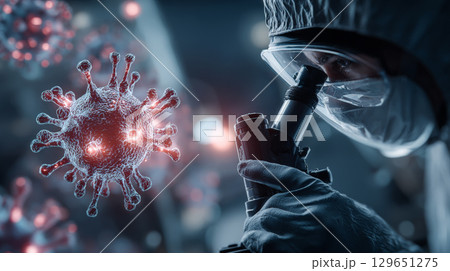Scientist in Hazmat Suit Examining Dangerous Virus with Advanced Lens Technology. Generative AI 129651275